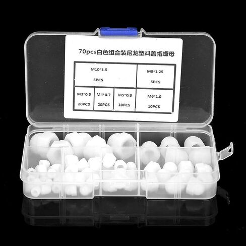 Yctze Acorn Nut Kit - 70pcs M3/M4/M5/M6/M8/M10 Black Nylon Dome Head Hex Nuts for Assorted Hardware & Barn Door (White) in Saudi Arabia