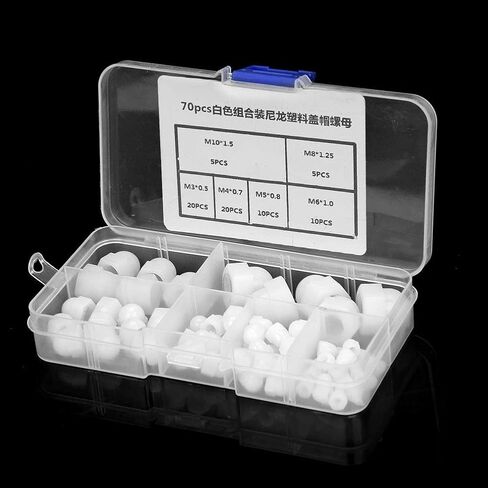 Yctze Acorn Nut Kit - 70pcs M3/M4/M5/M6/M8/M10 Black Nylon Dome Head Hex Nuts for Assorted Hardware & Barn Door (White) in Saudi Arabia