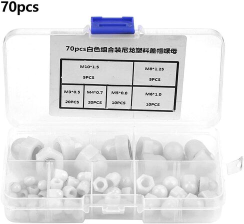 Yctze Acorn Nut Kit - 70pcs M3/M4/M5/M6/M8/M10 Black Nylon Dome Head Hex Nuts for Assorted Hardware & Barn Door (White) in Saudi Arabia