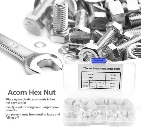 Yctze Acorn Nut Kit - 70pcs M3/M4/M5/M6/M8/M10 Black Nylon Dome Head Hex Nuts for Assorted Hardware & Barn Door (White) in Saudi Arabia