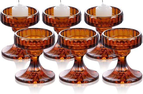Glass Pillar Candle Holder - Set of 6 Tealight Candlestick Candle Stand Holder Set for Table Candles, Centerpieces, Party, Wedding and Home Decor (Amber, Round) in Saudi Arabia