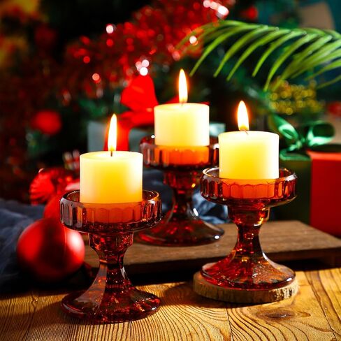 Glass Pillar Candle Holder - Set of 6 Tealight Candlestick Candle Stand Holder Set for Table Candles, Centerpieces, Party, Wedding and Home Decor (Amber, Round) in Saudi Arabia