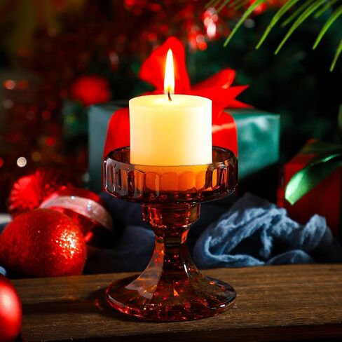 Glass Pillar Candle Holder - Set of 6 Tealight Candlestick Candle Stand Holder Set for Table Candles, Centerpieces, Party, Wedding and Home Decor (Amber, Round) in Saudi Arabia