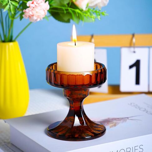 Glass Pillar Candle Holder - Set of 6 Tealight Candlestick Candle Stand Holder Set for Table Candles, Centerpieces, Party, Wedding and Home Decor (Amber, Round) in Saudi Arabia