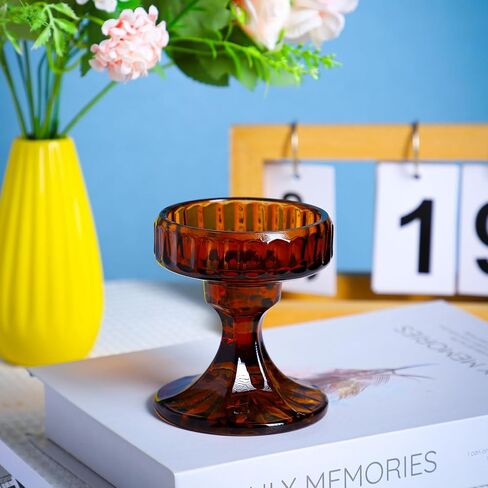 Glass Pillar Candle Holder - Set of 6 Tealight Candlestick Candle Stand Holder Set for Table Candles, Centerpieces, Party, Wedding and Home Decor (Amber, Round) in Saudi Arabia