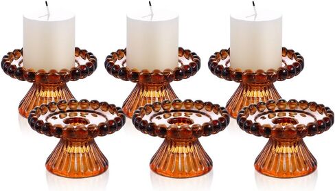Glass Pillar Candle Holder - Set of 6 Tealight Candlestick Candle Stand Holder Set for Table Candles, Centerpieces, Party, Wedding and Home Decor (Amber, Round) in Saudi Arabia