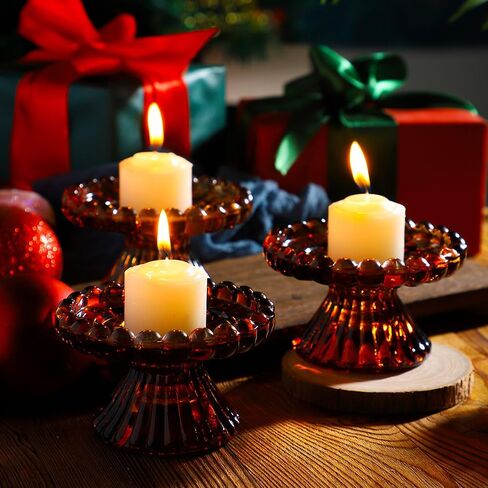 Glass Pillar Candle Holder - Set of 6 Tealight Candlestick Candle Stand Holder Set for Table Candles, Centerpieces, Party, Wedding and Home Decor (Amber, Round) in Saudi Arabia