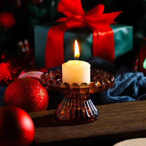Glass Pillar Candle Holder - Set of 6 Tealight Candlestick Candle Stand Holder Set for Table Candles, Centerpieces, Party, Wedding and Home Decor (Amber, Round) in Saudi Arabia