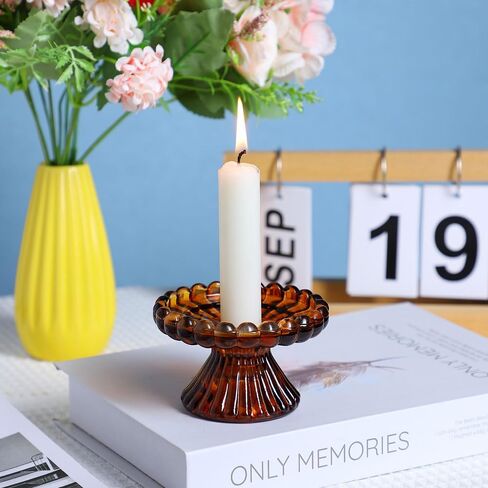 Glass Pillar Candle Holder - Set of 6 Tealight Candlestick Candle Stand Holder Set for Table Candles, Centerpieces, Party, Wedding and Home Decor (Amber, Round) in Saudi Arabia