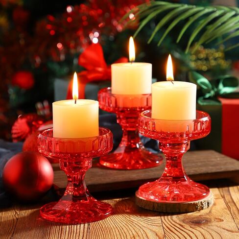 Glass Pillar Candle Holder - Set of 6 Tealight Candlestick Candle Stand Holder Set for Table Candles, Centerpieces, Party, Wedding and Home Decor (Amber, Round) in Saudi Arabia
