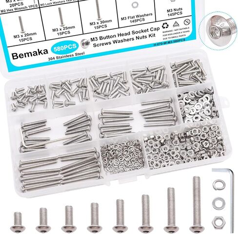 580PCS M3 Screw Kit, M3 x 6/8/10/12/16/20/25/30mm Button Head Socket Cap Screws Bolts Nuts Washers Assortment Kit, 304 Stainless Steel Metric Screws with Hex Wrench in Kuwait