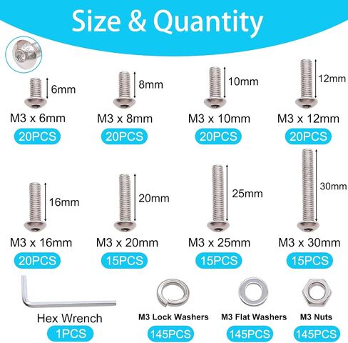 580PCS M3 Screw Kit, M3 x 6/8/10/12/16/20/25/30mm Button Head Socket Cap Screws Bolts Nuts Washers Assortment Kit, 304 Stainless Steel Metric Screws with Hex Wrench in Kuwait