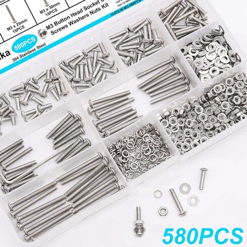580PCS M3 Screw Kit, M3 x 6/8/10/12/16/20/25/30mm Button Head Socket Cap Screws Bolts Nuts Washers Assortment Kit, 304 Stainless Steel Metric Screws with Hex Wrench in Kuwait