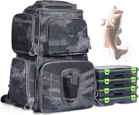 VISMIX Fishing Tackle Backpack with 4 Tackle Boxes Large Waterproof Tackle Bag Storage,Waterproof Protective Rain Cover,Backpack for Trout Fishing Outdoor Sports Camping Hiking in Kuwait