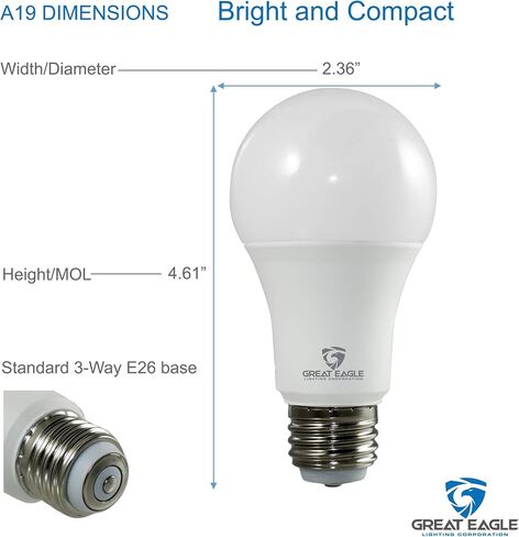 شركة Great Eagle Lighting Corporation 40/60/100W مكافئة 3-Way A19 LED لمبة إضاءة 2700K لون أبيض دافئ (عبوة من قطعتين) in Kuwait
