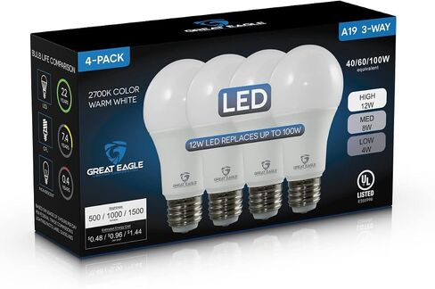 شركة Great Eagle Lighting Corporation 40/60/100W مكافئة 3-Way A19 LED لمبة إضاءة 2700K لون أبيض دافئ (عبوة من قطعتين) in Kuwait