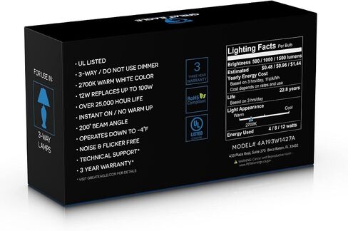 شركة Great Eagle Lighting Corporation 40/60/100W مكافئة 3-Way A19 LED لمبة إضاءة 2700K لون أبيض دافئ (عبوة من قطعتين) in Kuwait