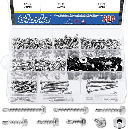 Glarks 285Pcs #8 x 1/2", 5/8", 3/4", 1", 1-1/4", 1-1/2", 2" 410 Stainless Steel Hex Washer Head Sheet Metal Tek Self Drilling Screws and M4.2 x 12mm EPDM Bonded Sealing Washers Assortment Kit in Saudi Arabia