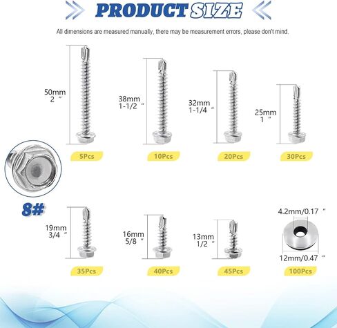 Glarks 285Pcs #8 x 1/2", 5/8", 3/4", 1", 1-1/4", 1-1/2", 2" 410 Stainless Steel Hex Washer Head Sheet Metal Tek Self Drilling Screws and M4.2 x 12mm EPDM Bonded Sealing Washers Assortment Kit in Saudi Arabia