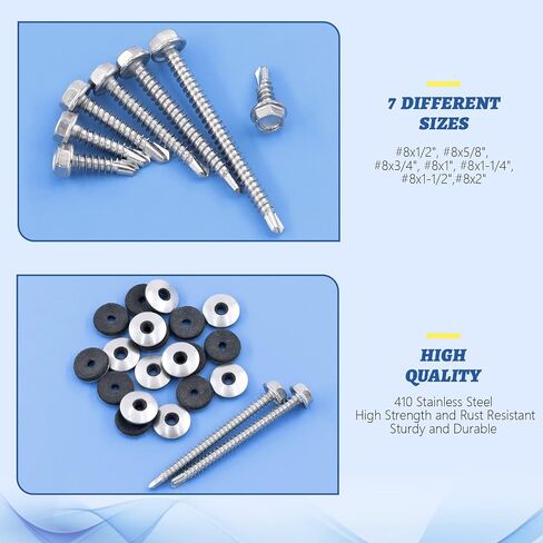 Glarks 285Pcs #8 x 1/2", 5/8", 3/4", 1", 1-1/4", 1-1/2", 2" 410 Stainless Steel Hex Washer Head Sheet Metal Tek Self Drilling Screws and M4.2 x 12mm EPDM Bonded Sealing Washers Assortment Kit in Saudi Arabia