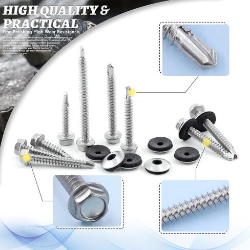 Glarks 285Pcs #8 x 1/2", 5/8", 3/4", 1", 1-1/4", 1-1/2", 2" 410 Stainless Steel Hex Washer Head Sheet Metal Tek Self Drilling Screws and M4.2 x 12mm EPDM Bonded Sealing Washers Assortment Kit in Saudi Arabia
