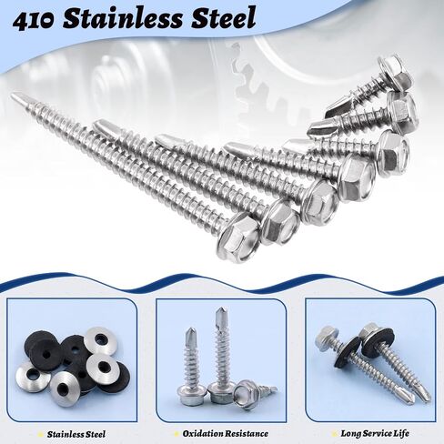 Glarks 285Pcs #8 x 1/2", 5/8", 3/4", 1", 1-1/4", 1-1/2", 2" 410 Stainless Steel Hex Washer Head Sheet Metal Tek Self Drilling Screws and M4.2 x 12mm EPDM Bonded Sealing Washers Assortment Kit in Saudi Arabia