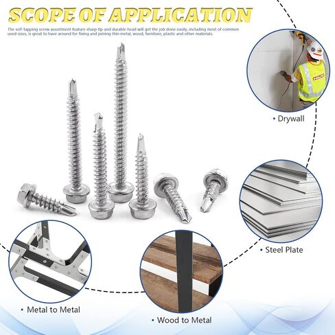 Glarks 285Pcs #8 x 1/2", 5/8", 3/4", 1", 1-1/4", 1-1/2", 2" 410 Stainless Steel Hex Washer Head Sheet Metal Tek Self Drilling Screws and M4.2 x 12mm EPDM Bonded Sealing Washers Assortment Kit in Saudi Arabia