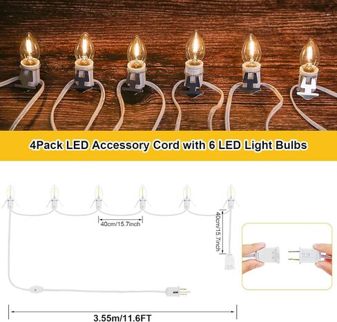 4Pack Accessory Cord with 24 LED Light Bulbs and Outlet Christmas Village Light 46.4FT White Cord with Spare Fuse Warm White C7 Lamp Christmas Village Accessories for Village Houses Craft Decoration in Saudi Arabia