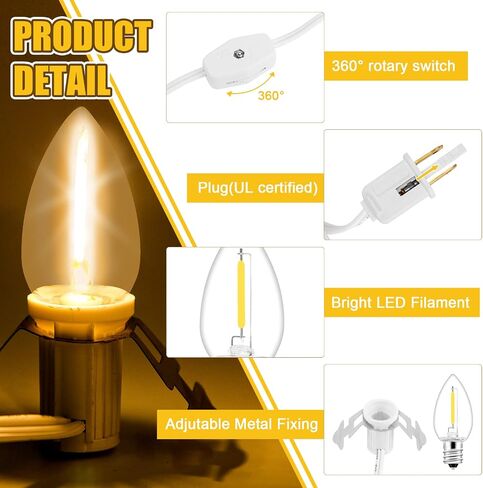 4Pack Accessory Cord with 24 LED Light Bulbs and Outlet Christmas Village Light 46.4FT White Cord with Spare Fuse Warm White C7 Lamp Christmas Village Accessories for Village Houses Craft Decoration in Saudi Arabia