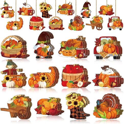 36 Pcs Fall Thanksgiving Wooden Ornaments Fall Tree Ornaments Pumpkin Gnome Turkey Scarecrow Wood Cutouts with Ropes Thanksgiving Tree Decorations for Autumn Harvest Party Decor in Saudi Arabia