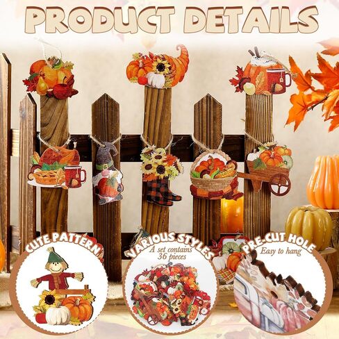 36 Pcs Fall Thanksgiving Wooden Ornaments Fall Tree Ornaments Pumpkin Gnome Turkey Scarecrow Wood Cutouts with Ropes Thanksgiving Tree Decorations for Autumn Harvest Party Decor in Saudi Arabia