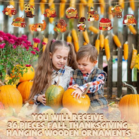 36 Pcs Fall Thanksgiving Wooden Ornaments Fall Tree Ornaments Pumpkin Gnome Turkey Scarecrow Wood Cutouts with Ropes Thanksgiving Tree Decorations for Autumn Harvest Party Decor in Saudi Arabia