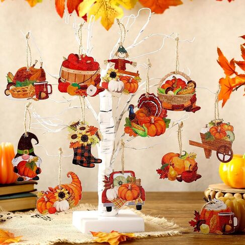 36 Pcs Fall Thanksgiving Wooden Ornaments Fall Tree Ornaments Pumpkin Gnome Turkey Scarecrow Wood Cutouts with Ropes Thanksgiving Tree Decorations for Autumn Harvest Party Decor in Saudi Arabia
