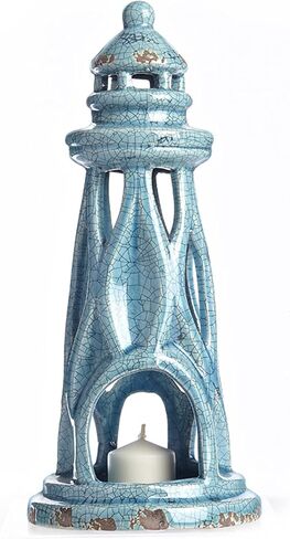 Teal Blue Lighthouse with Wavy Design Tealight Holder Ceramic 10 Inches in Saudi Arabia