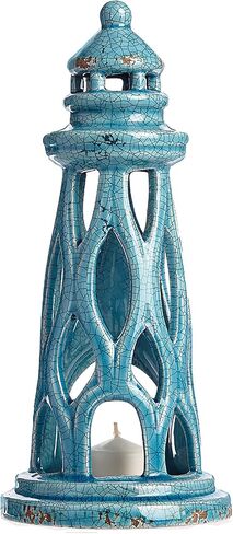 Teal Blue Lighthouse with Wavy Design Tealight Holder Ceramic 10 Inches in Saudi Arabia