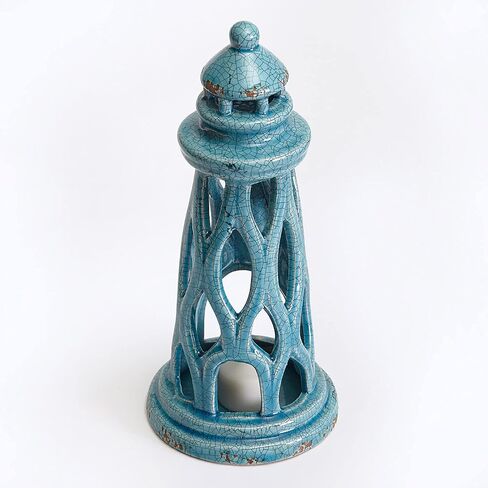 Teal Blue Lighthouse with Wavy Design Tealight Holder Ceramic 10 Inches in Saudi Arabia