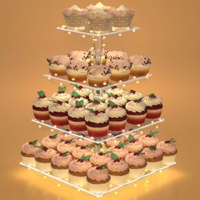 Cupcake Stand with Lights, 4 Tier Cupcake Holder, Light Up Cupcake Stand for 50 Cupcakes, Dessert Table Display Set for Weddings, Christmas, Birthday Parties (Yellow Light)
