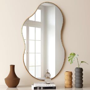 SHYFOY Irregular Wall Mirror Decorative, Asymmetrical Mirror for Wall Decor, Wavy Accent Mirrors for Living Room Bathroom Bedroom Entryway, Abstract Irregular Shape Curvy Mirror, 43"x22" Antique-Gold