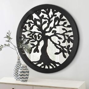 Round Mirror Wooden Circle Mirrors White Rustic Farmhouse Mirrors for Wall Decor Tree of Life Decorative Hanging Mirror for Bedroom, Bathroom, Living Room or Entryway