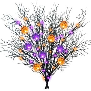 Krissing 3PCS 30" Lighted Halloween Branches with Timer 60LED 5 Jack-O-Lantern Pumpkin & 4 Bats Black Twig Branch Lights Battery Operated for Indoor Outdoor Halloween Party Decor