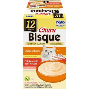 INABA Churu Bisque Lickable Treats for Cats, Creamy Purée Bisque with Vitamin E, 1.4 Ounces per Pouch, 16.8 Ounces Total (12 Servings), Chicken with Beef Recipe