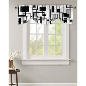 Geometric Tie Up Valance Curtains, Black White Gray Abstract Line Window Valance for Kitchen Cafe Bathroom Rod Pocket Window Treatment Valances 42 x 12Inch, 1 Panel