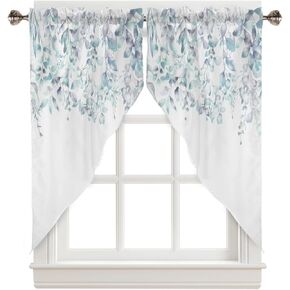 Leaf Swag Valance Curtains Floral Plants Leaves Watercolor Watercolor Style Blue Rod Pocket Kitchen Curtains Scalloped Window Treatment Valances Swag Curtains for Living Room, 1 Pair, 36" W x 36" L