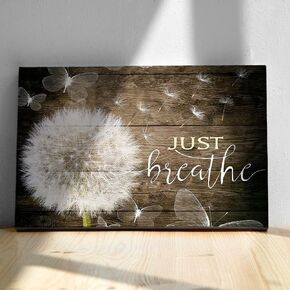 White Dandelion and Butterflies Just Breathe Quotes Poster Brown Rustic Wall Art Canvas Paintings Beautiful Decorative Home Decor Pictures Framed Country Wall Decor Prints for Bedroom Nursery 16"x24"