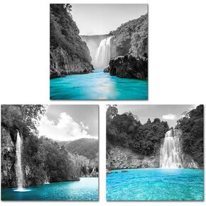 Derkymo 3 Pieces Teal Waterfall Pictures Black and White Canvas Wall Art Landscape Artwork for Bedroom Bathroom Decor Framed Ready to Hang 12"x12"x3pcs