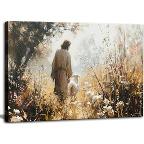 1Pcs Vintage Framed Jesus Lamb Paintings Canvas Wall Art Shepherd Flock Paintings Christian Wall Decor Modern Pictures Religious Art Print for Living Room Bedroom Decoration16x24in