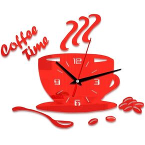 Acrylic Wall Clock, DIY Acrylic Wall Clock Modern Mute Coffee Time Clock Cup Shape Wall Sticker Hollow Numeral Clock for Office, Home, Bathroom, Kitchen, Bedroom (Red)
