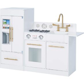 Teamson Kids Little Chef Paris Modular Contemporary Interactive Wooden Play Kitchen with Refrigerator, Oven, Sink, and Storage Space for Easy Clean Up, White with Rose Gold Finishes