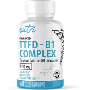 TTFD Thiamine B1 Supplement - 100mg 60 Servings - Thiamine TTFD Supplement - With 8mg Magnesium - No Toxic Fillers - TTFD Thiamine Tetrahydrofurfuryl Disulfide - Third Party Lab Tested