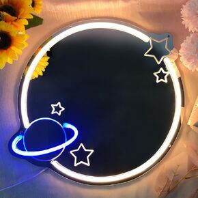 Neon Planet Mirror with Light: Ideal for Kids Room, Living Area & Beauty Space | Wall Neon Light-Up Acrylic Mirror Perfect for Locker Room, Bedroom, Studios, Parties, & Game Rooms